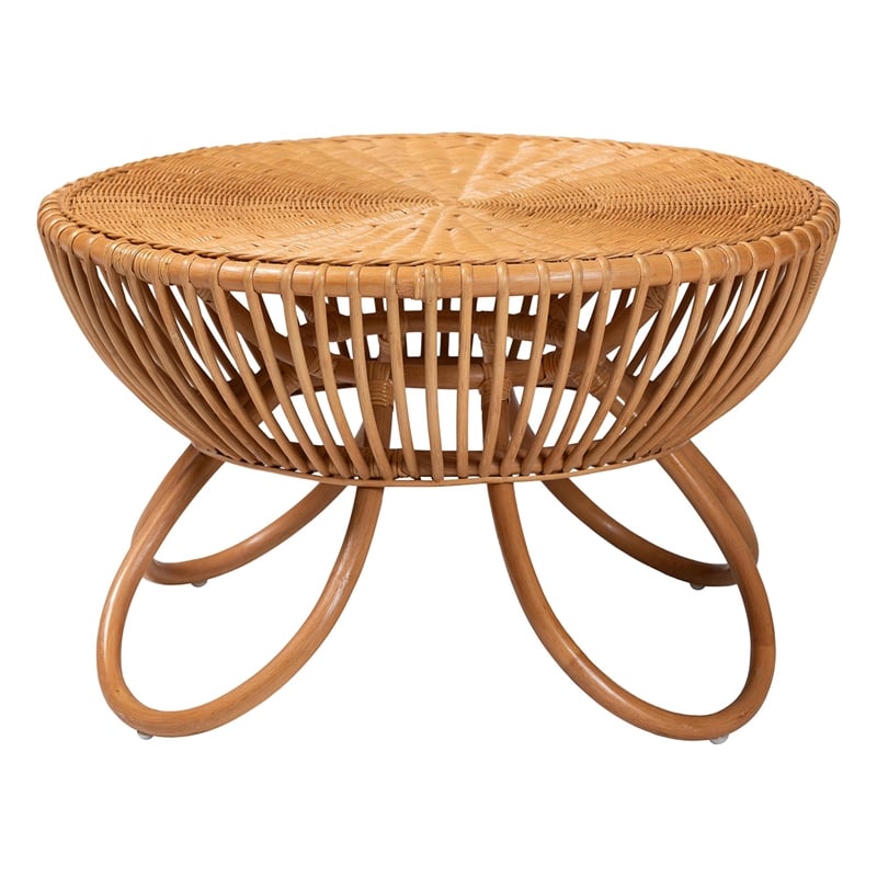 Pemberly Row Natural Rattan Round Coffee Table with Splayed Legs