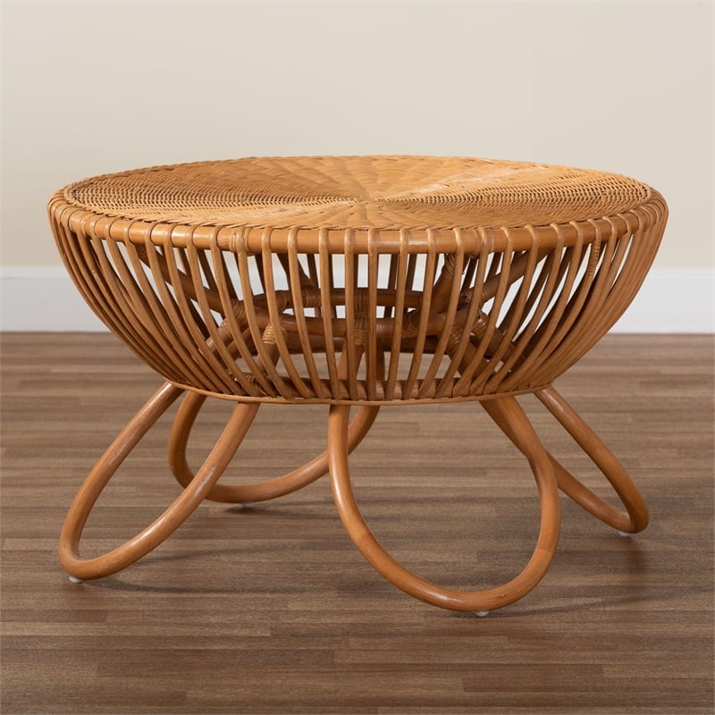 Pemberly Row Natural Rattan Round Coffee Table with Splayed Legs