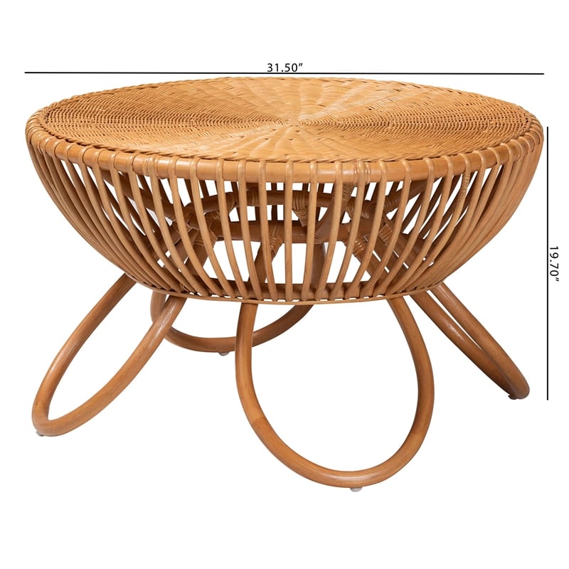 Pemberly Row Natural Rattan Round Coffee Table with Splayed Legs
