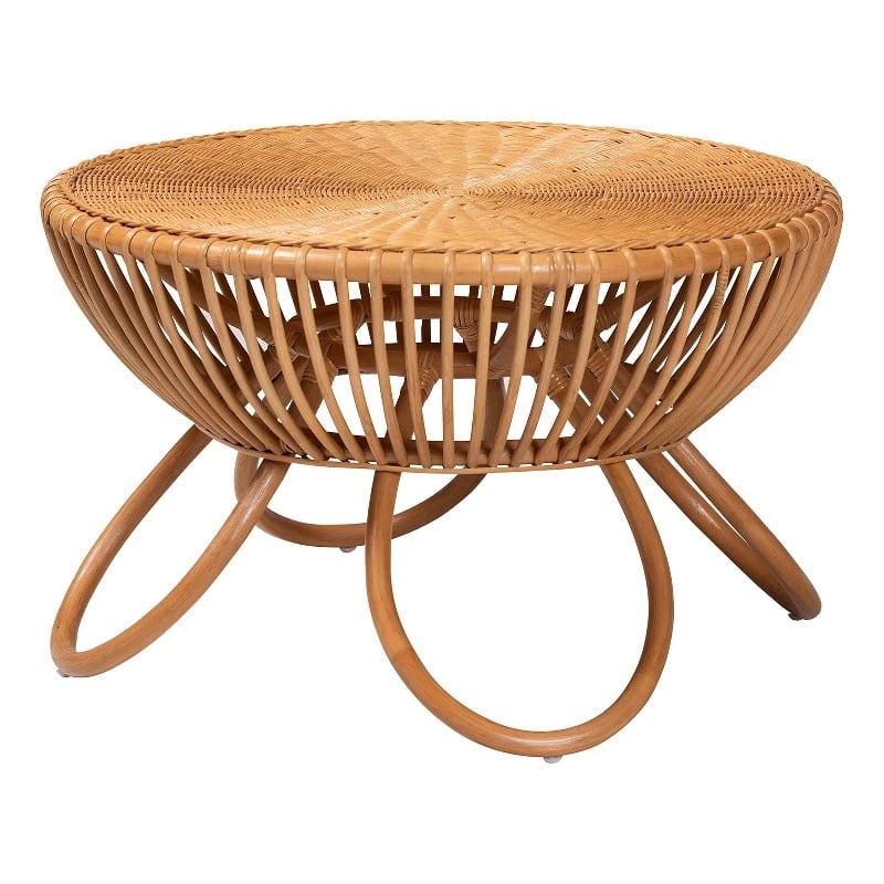 Pemberly Row Natural Rattan Round Coffee Table with Splayed Legs