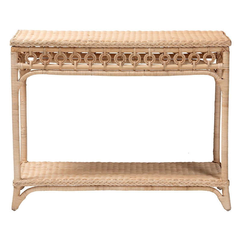 Pemberly Row Braided Natural Rattan Console Table with Open Shelf