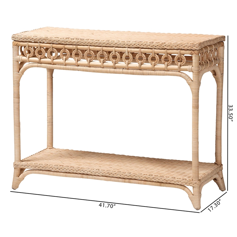Pemberly Row Braided Natural Rattan Console Table with Open Shelf