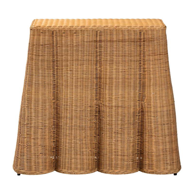Pemberly Row Natural Rattan Scalloped Console Table with Metal Frame