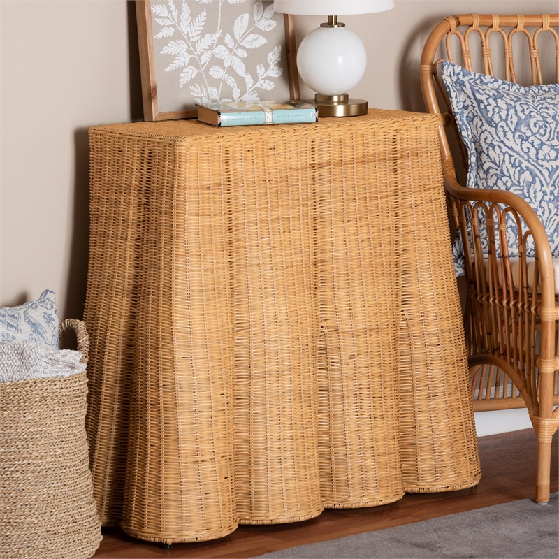 Pemberly Row Natural Rattan Scalloped Console Table with Metal Frame