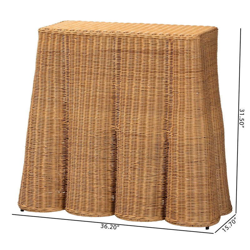 Pemberly Row Natural Rattan Scalloped Console Table with Metal Frame