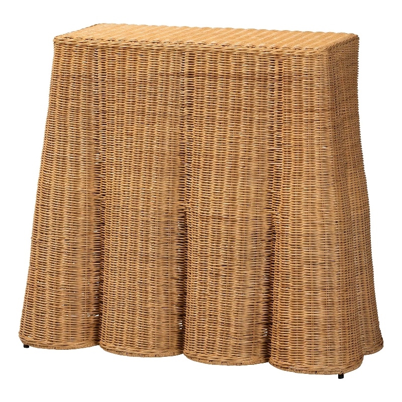 Pemberly Row Natural Rattan Scalloped Console Table with Metal Frame