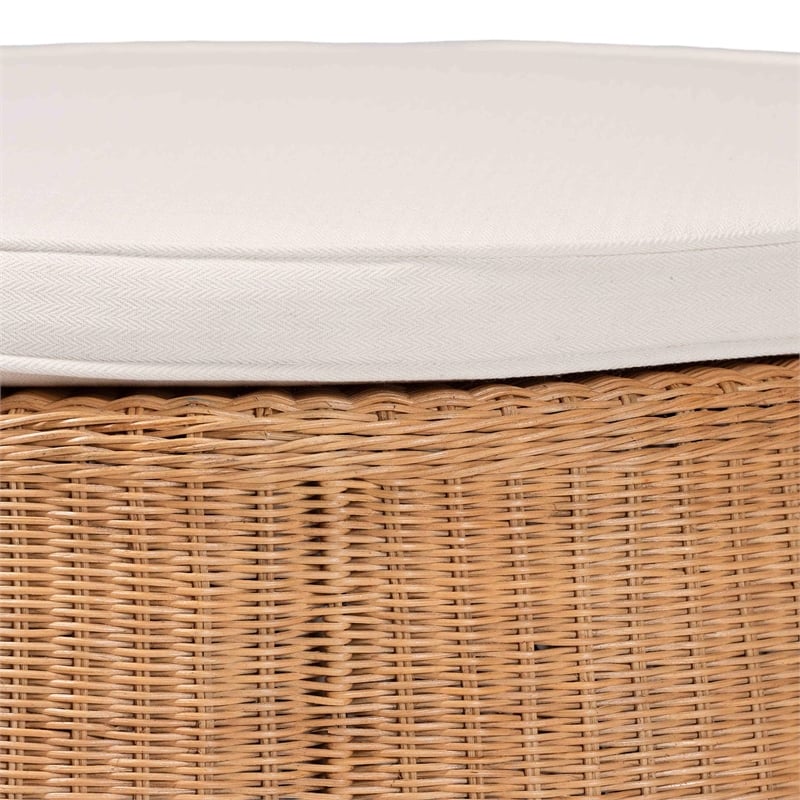 Pemberly Row Round Scalloped Rattan Ottoman with Removable Cushion