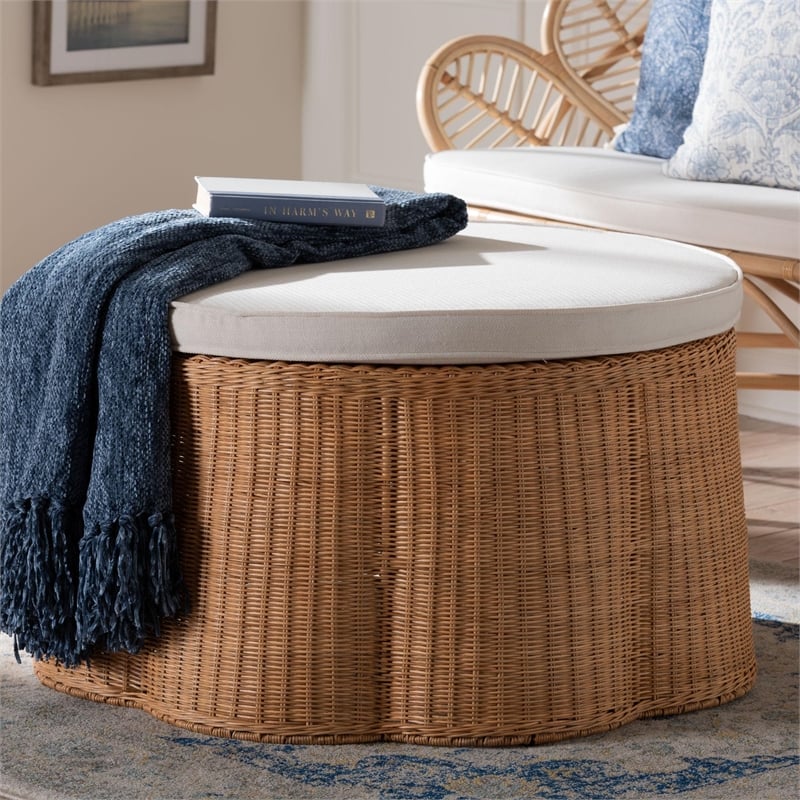 Pemberly Row Round Scalloped Rattan Ottoman with Removable Cushion