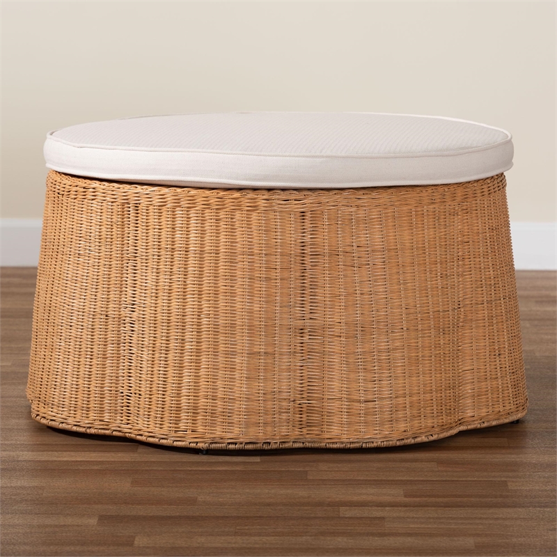 Pemberly Row Round Scalloped Rattan Ottoman with Removable Cushion