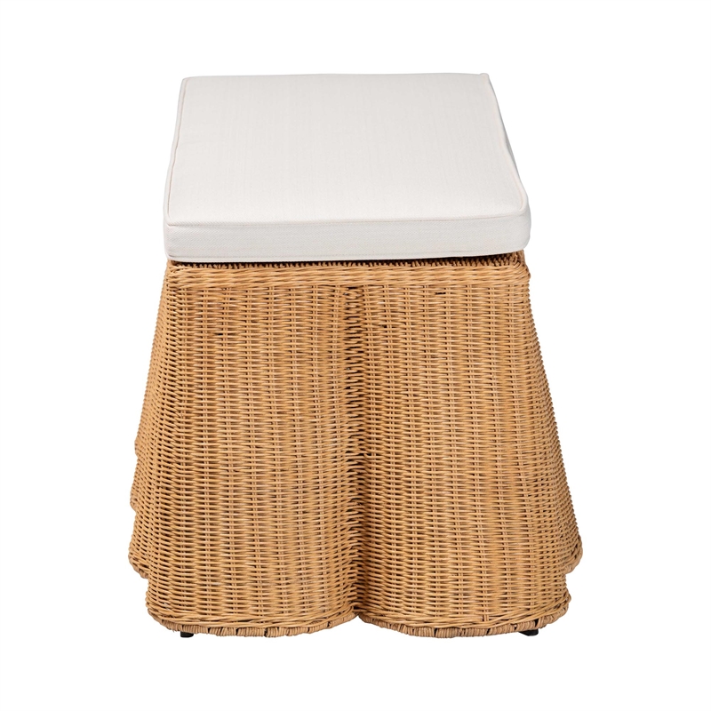 Pemberly Row Rectangular Scalloped Rattan Ottoman with Removable Cushion
