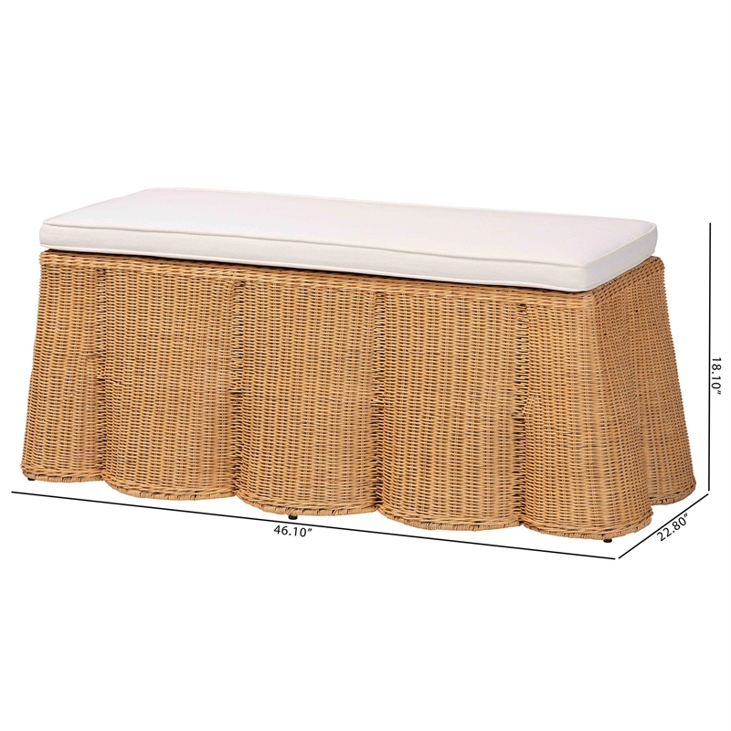 Pemberly Row Rectangular Scalloped Rattan Ottoman with Removable Cushion