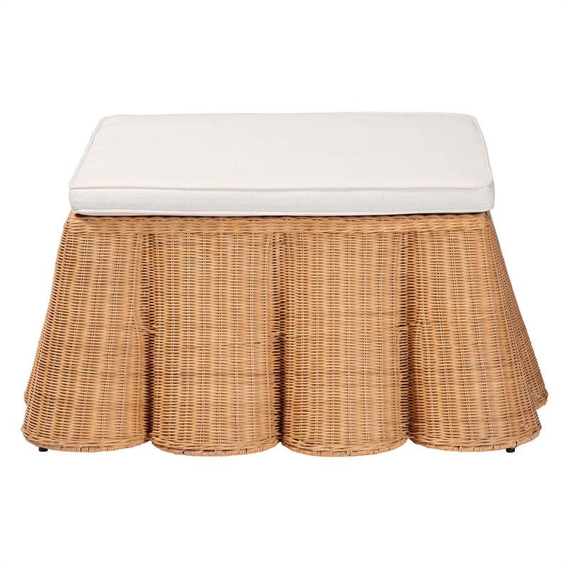 Pemberly Row Square Scalloped Rattan Ottoman with Removable Cushion
