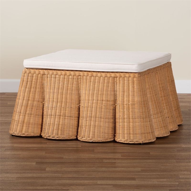 Pemberly Row Square Scalloped Rattan Ottoman with Removable Cushion