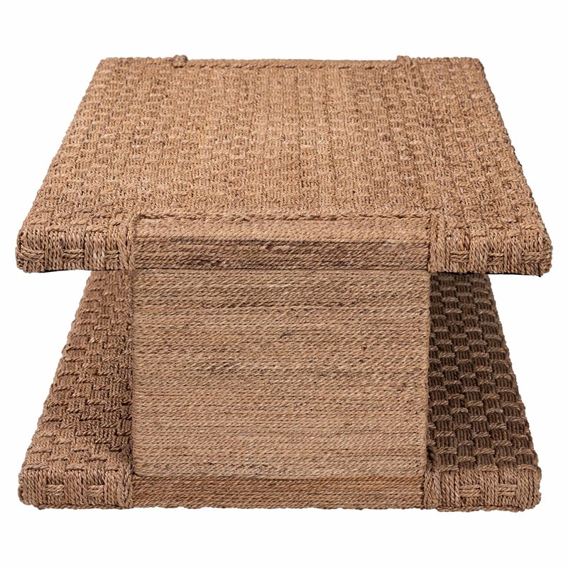 Pemberly Row Handwoven Seagrass Coffee Table with Basketweave and Shelf