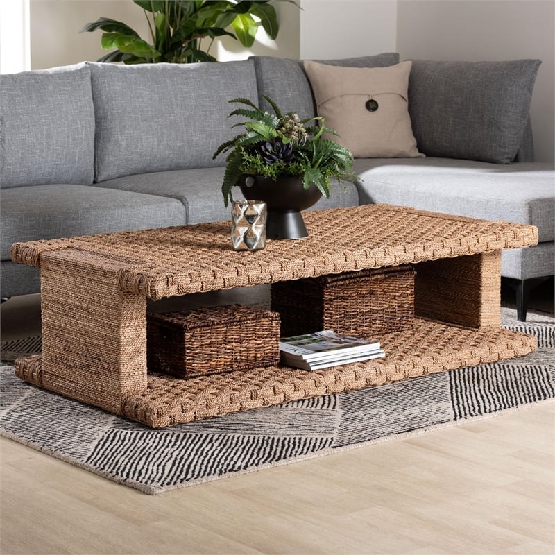 Pemberly Row Handwoven Seagrass Coffee Table with Basketweave and Shelf
