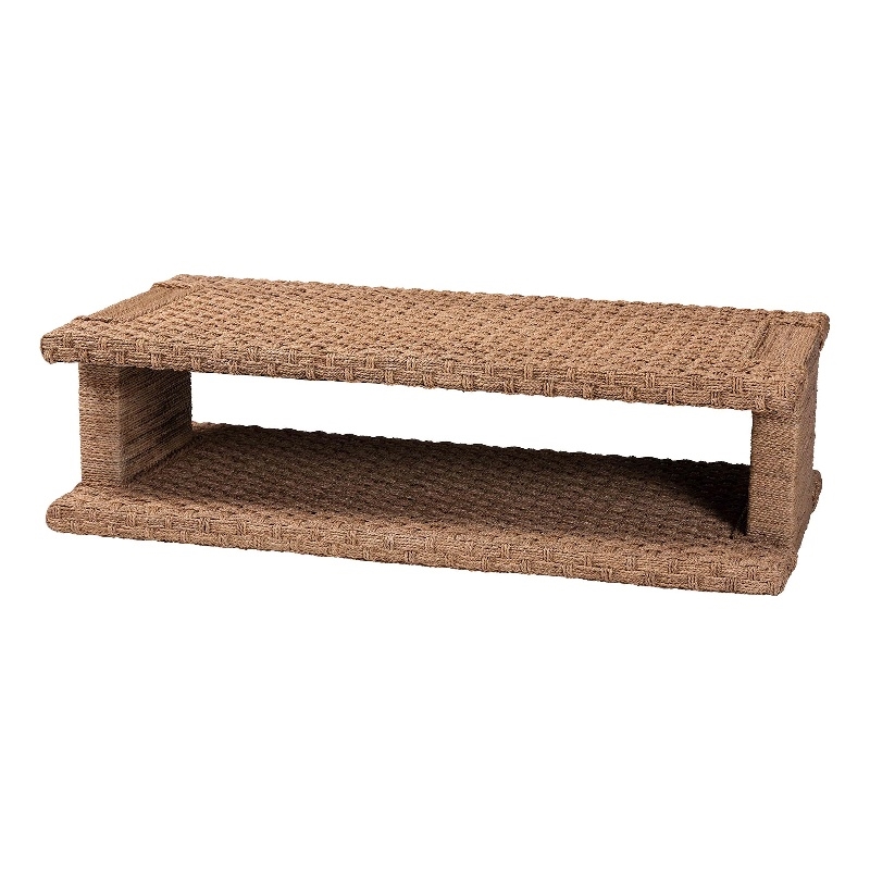 Pemberly Row Handwoven Seagrass Coffee Table with Basketweave and Shelf
