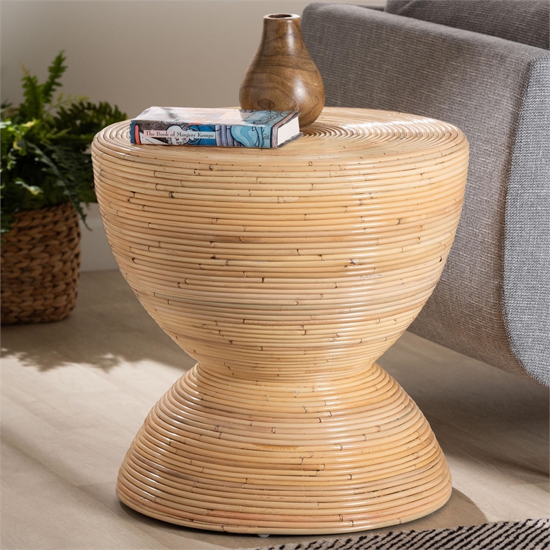 Pemberly Row Laminated Rattan Hourglass Side Table with Round Top