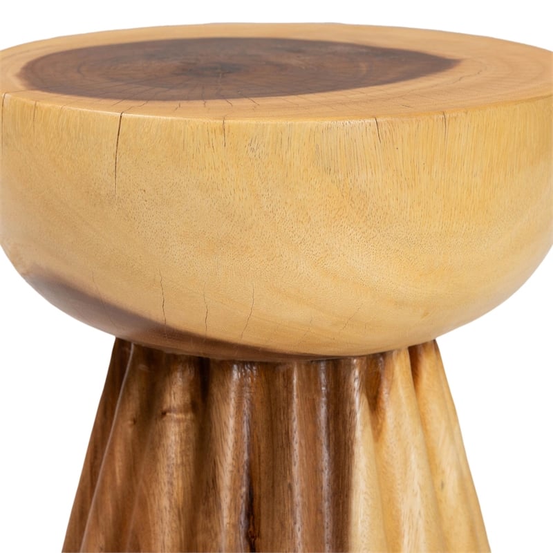 Pemberly Row Hand-Carved Suar Wood Pedestal Side Table with Scalloped Edge