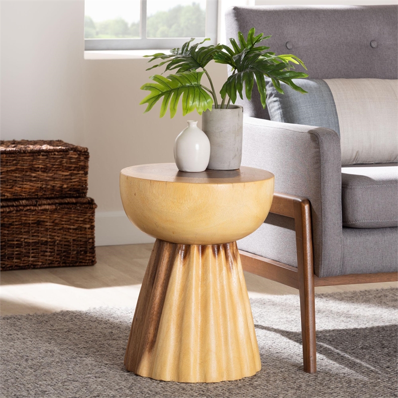 Pemberly Row Hand-Carved Suar Wood Pedestal Side Table with Scalloped Edge