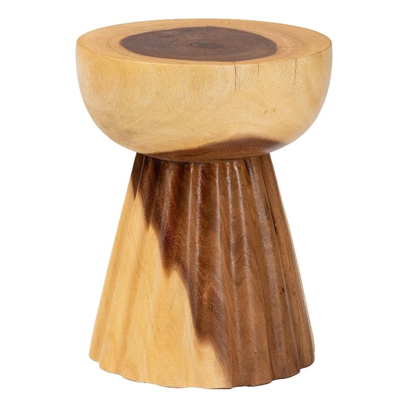 Pemberly Row Hand-Carved Suar Wood Pedestal Side Table with Scalloped Edge