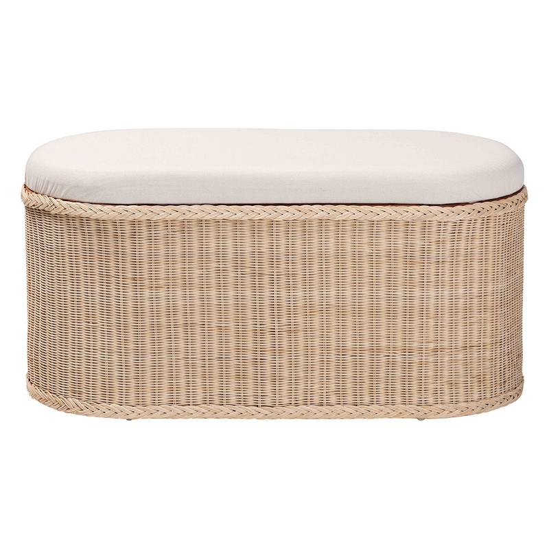 Pemberly Row Braided Rattan Storage Bench with Cushion and Lift-Top Lid
