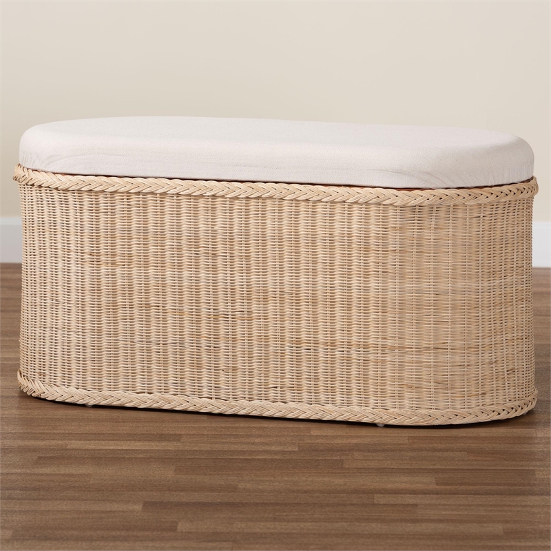 Pemberly Row Braided Rattan Storage Bench with Cushion and Lift-Top Lid