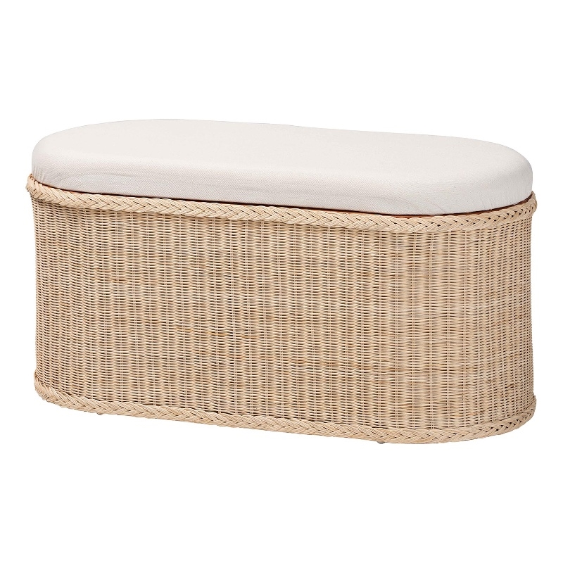 Pemberly Row Braided Rattan Storage Bench with Cushion and Lift-Top Lid