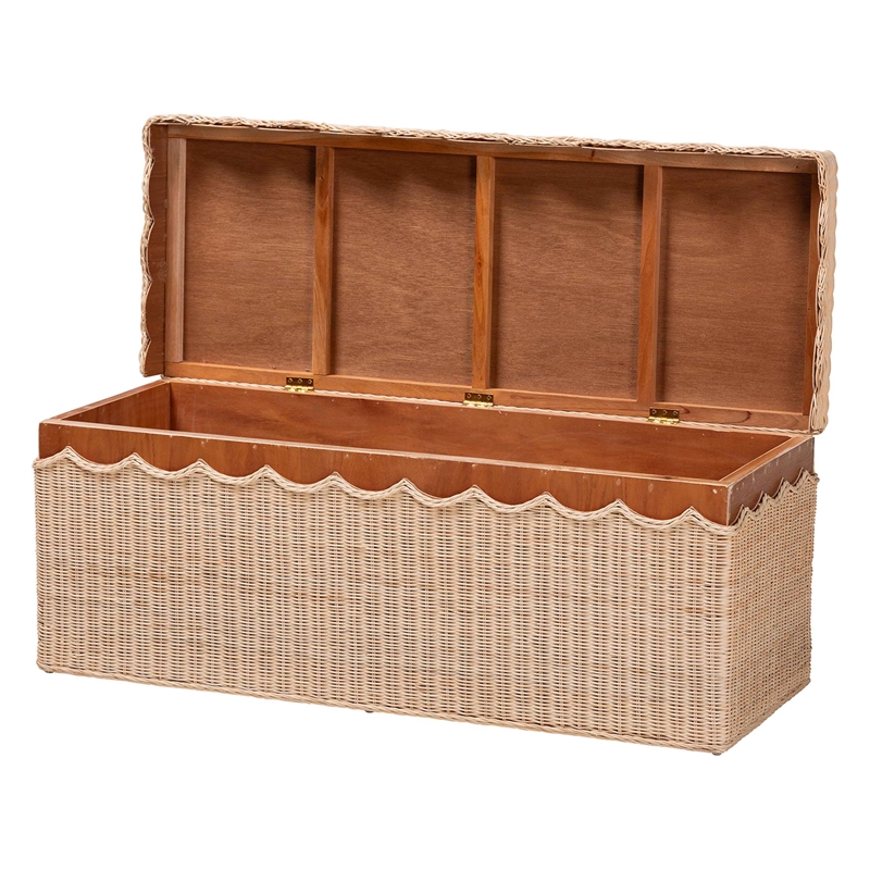 Pemberly Row Scalloped Natural Rattan Storage Bench with Lift-Top Lid