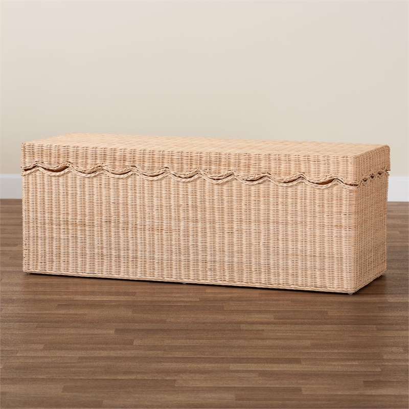 Pemberly Row Scalloped Natural Rattan Storage Bench with Lift-Top Lid