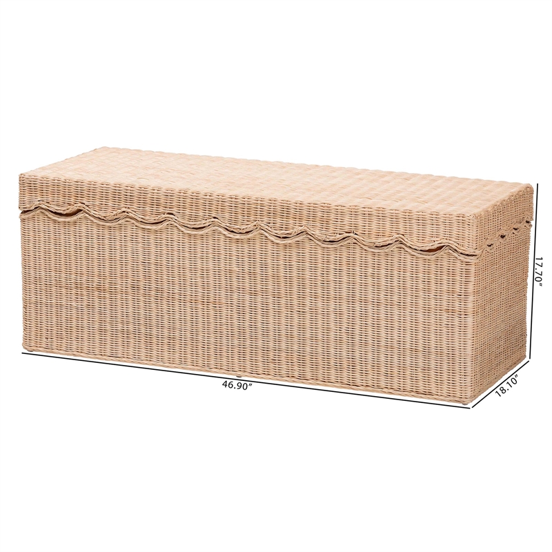 Pemberly Row Scalloped Natural Rattan Storage Bench with Lift-Top Lid