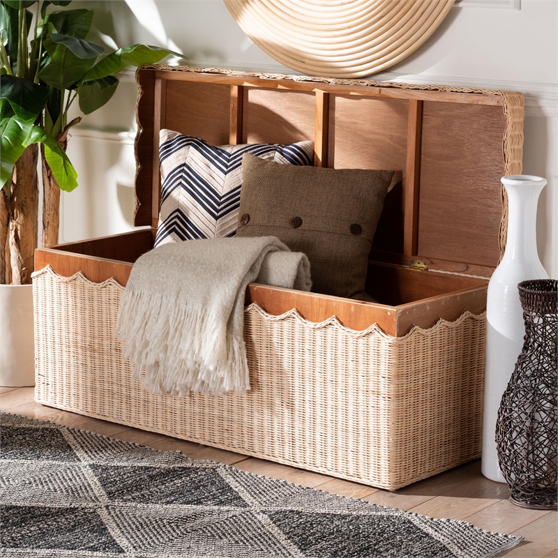 Pemberly Row Scalloped Natural Rattan Storage Bench with Lift-Top Lid