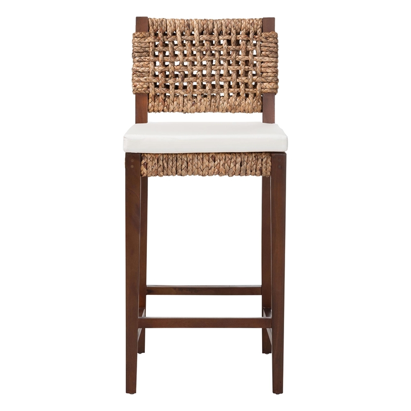 Pemberly Row Handwoven Seagrass Bar Stool with Mahogany Frame and Footrest