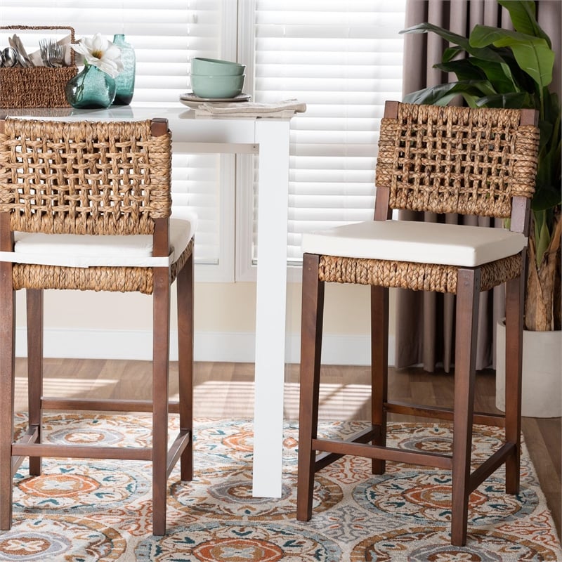 Pemberly Row Handwoven Seagrass Bar Stool with Mahogany Frame and Footrest