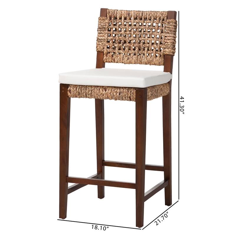 Pemberly Row Handwoven Seagrass Bar Stool with Mahogany Frame and Footrest