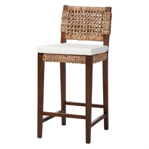 Pemberly Row Handwoven Seagrass Bar Stool with Mahogany Frame and Footrest