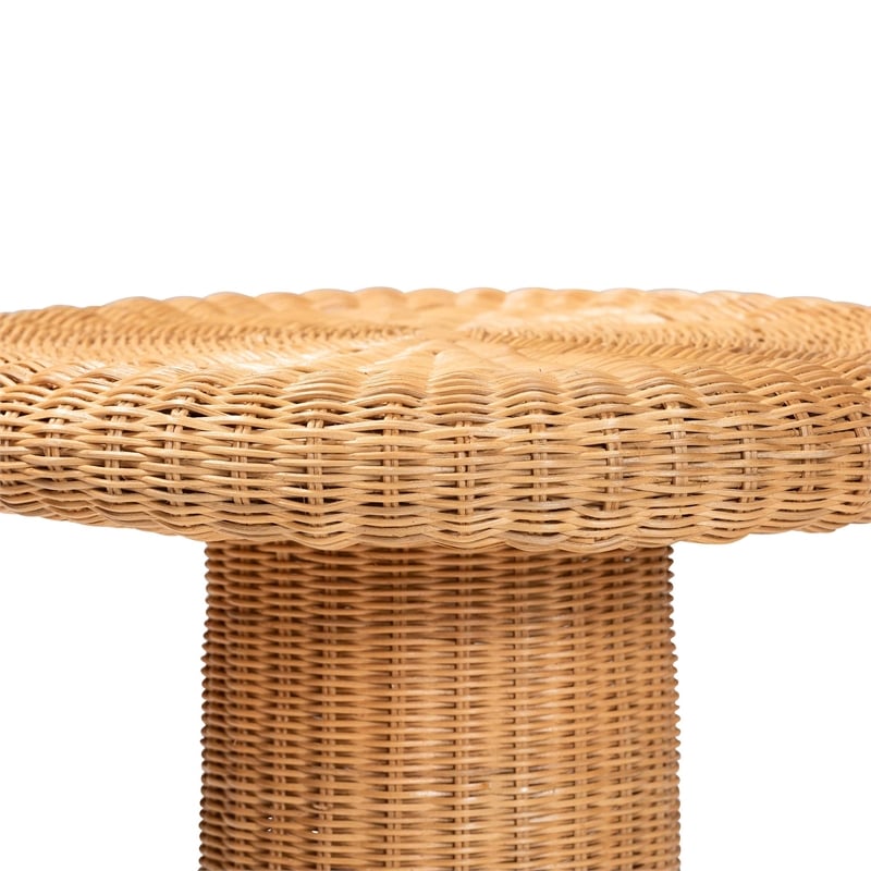 Pemberly Row Natural Rattan Scalloped Pedestal Side Table with Round Top