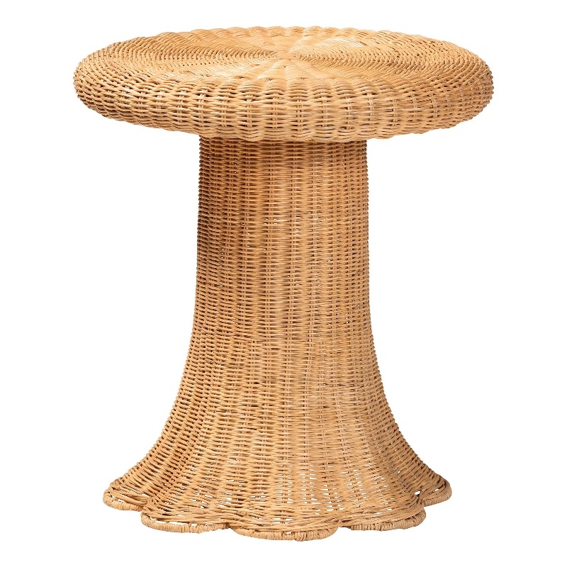 Pemberly Row Natural Rattan Scalloped Pedestal Side Table with Round Top