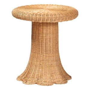 Pemberly Row Natural Rattan Scalloped Pedestal Side Table with Round Top