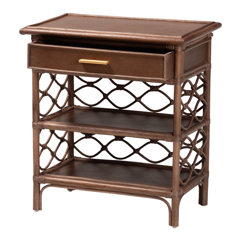 Pemberly Row Lattice Rattan Nightstand with Drawer and 2 Open Shelves