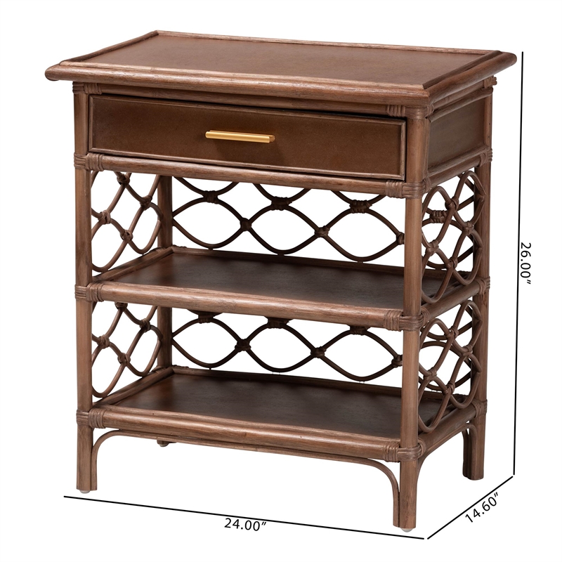 Pemberly Row Lattice Rattan Nightstand with Drawer and 2 Open Shelves