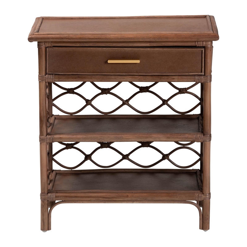 Pemberly Row Lattice Rattan Nightstand with Drawer and 2 Open Shelves