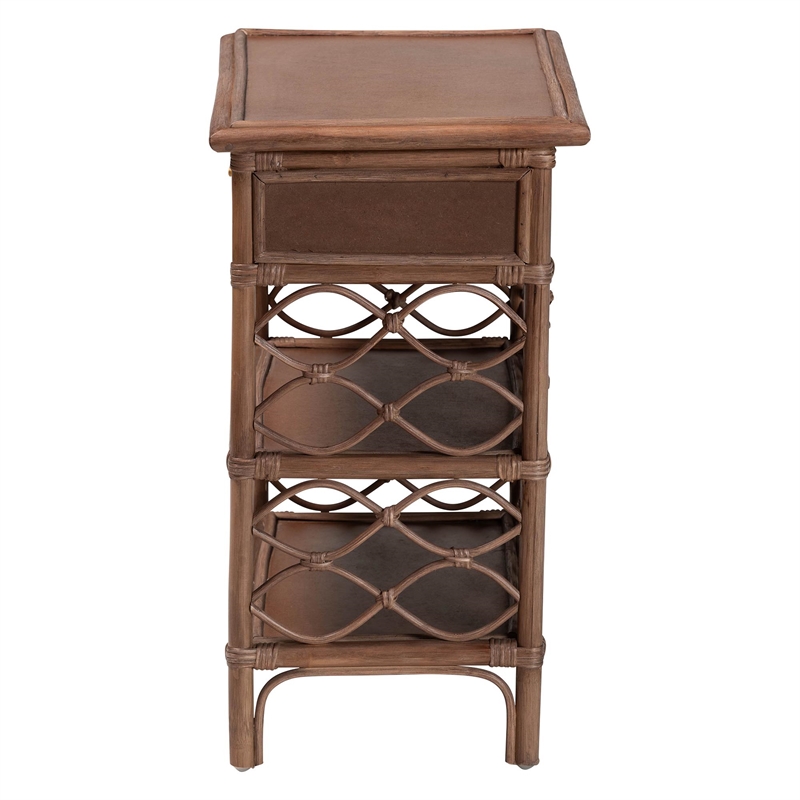Pemberly Row Lattice Rattan Nightstand with Drawer and 2 Open Shelves