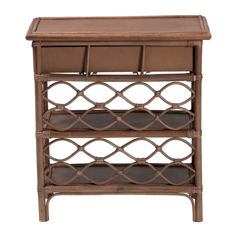 Pemberly Row Lattice Rattan Nightstand with Drawer and 2 Open Shelves