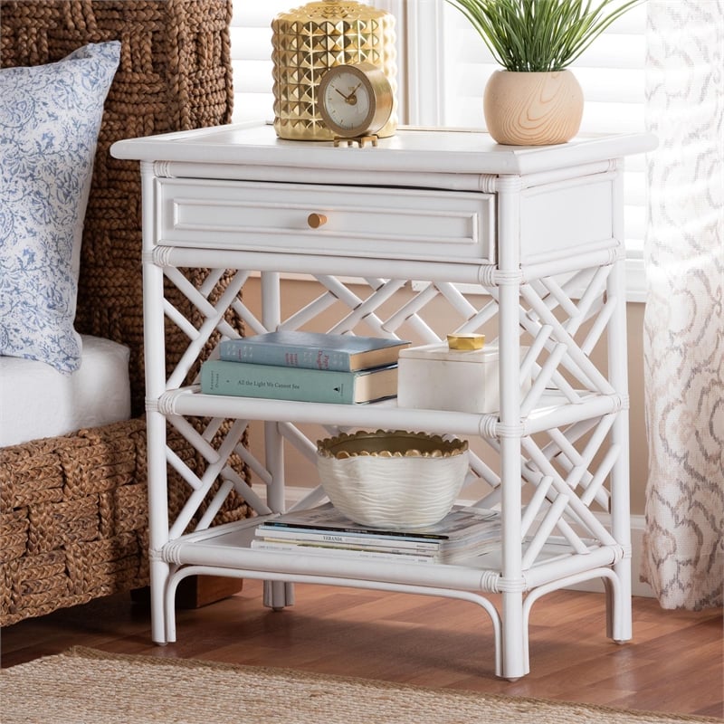 Pemberly Row Chippendale Rattan Nightstand with Drawer and 2 Shelves