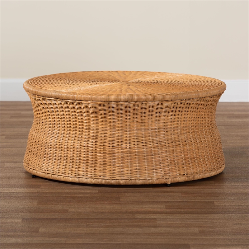 Pemberly Row Round Natural Rattan Coffee Table with Tapered Sides