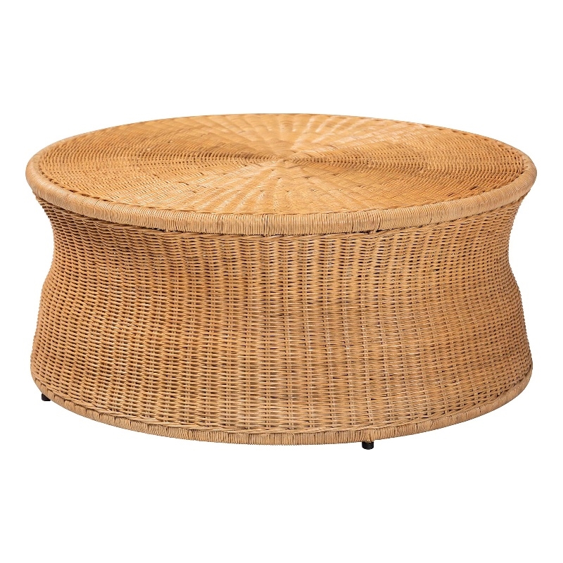 Pemberly Row Round Natural Rattan Coffee Table with Tapered Sides