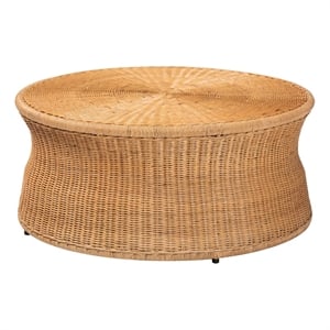 Pemberly Row Round Natural Rattan Coffee Table with Tapered Sides