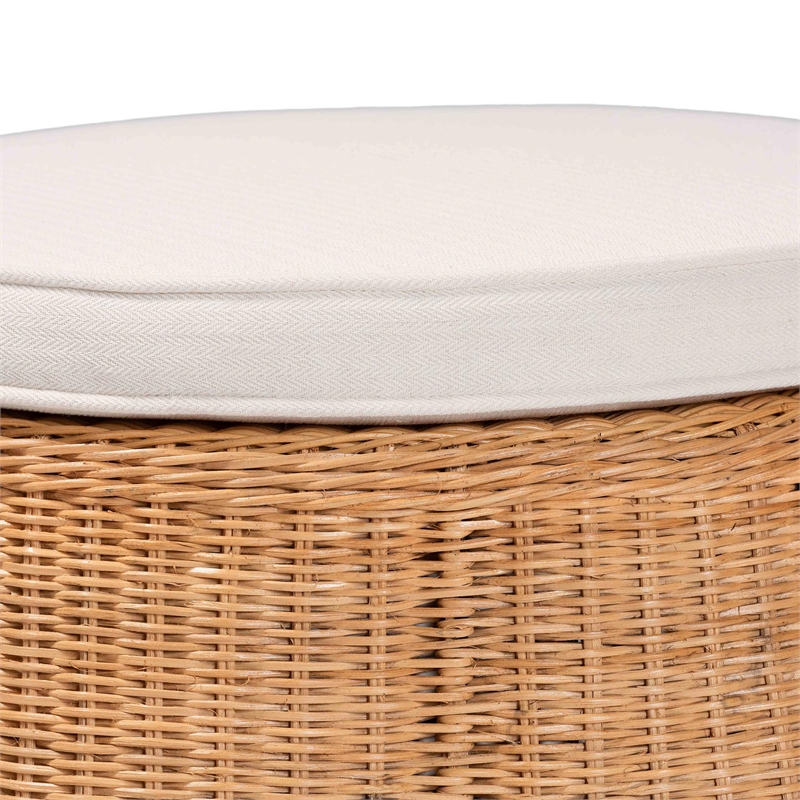 Pemberly Row Round Natural Rattan Scalloped Ottoman with Plush Cushion