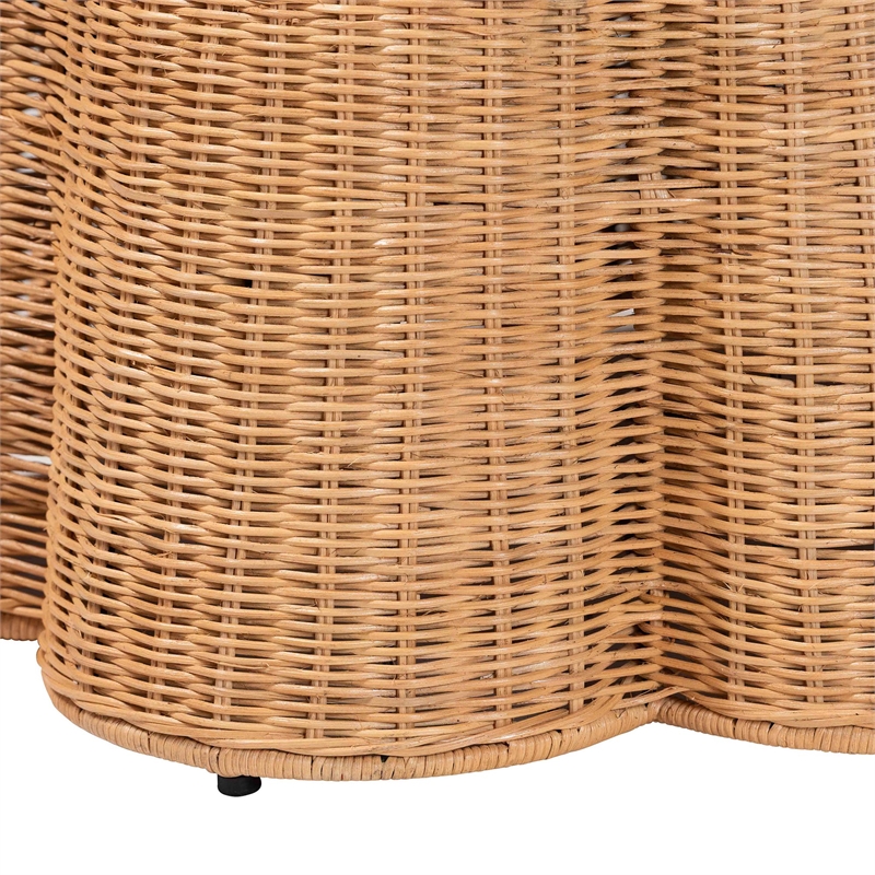 Pemberly Row Round Natural Rattan Scalloped Ottoman with Plush Cushion