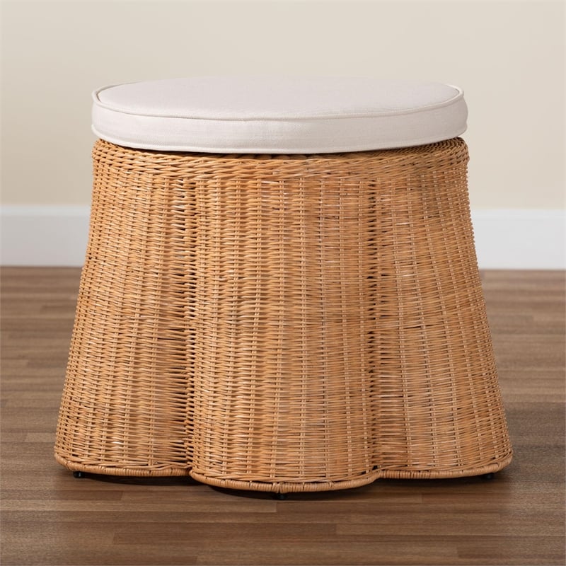 Pemberly Row Round Natural Rattan Scalloped Ottoman with Plush Cushion
